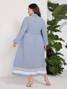 Seusyu Plus Striped Print Lantern Sleeve Belted Shirt Dress