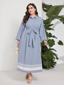 Seusyu Plus Striped Print Lantern Sleeve Belted Shirt Dress