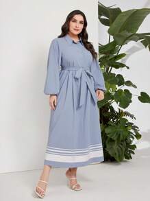 Seusyu Plus Striped Print Lantern Sleeve Belted Shirt Dress