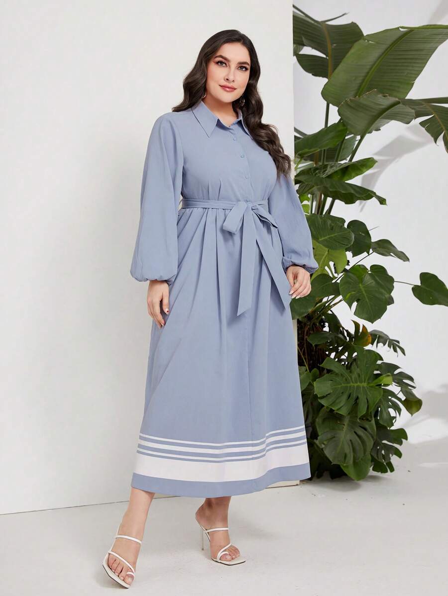 Seusyu Plus Striped Print Lantern Sleeve Belted Shirt Dress