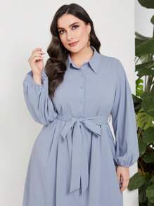 Seusyu Plus Striped Print Lantern Sleeve Belted Shirt Dress