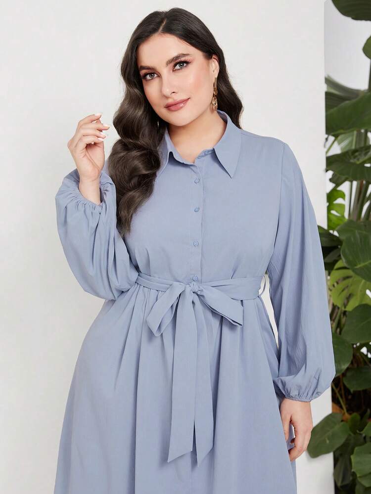 Plus Striped Print Lantern Sleeve Belted Shirt Dress