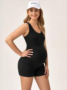 SHEIN Maternity Solid Tank Unitard Romper - Black - View 2