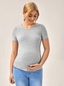 SHEIN Maternidad Camiseta unicolor fruncido lateral - Gris Claro - Ver 3
