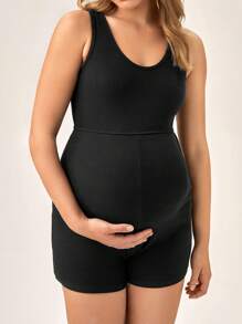 SHEIN Maternity Solid Tank Unitard Romper - Black - View 5