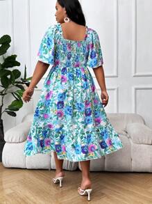 Breezaya Plus Size Boho Floral Print Short Sleeve Ruffle Hem Dress, For Summer
