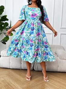 Breezaya Plus Size Boho Floral Print Short Sleeve Ruffle Hem Dress, For Summer