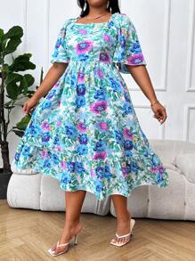 Breezaya Plus Size Boho Floral Print Short Sleeve Ruffle Hem Dress, For Summer
