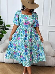 Breezaya Plus Size Boho Floral Print Short Sleeve Ruffle Hem Dress, For Summer