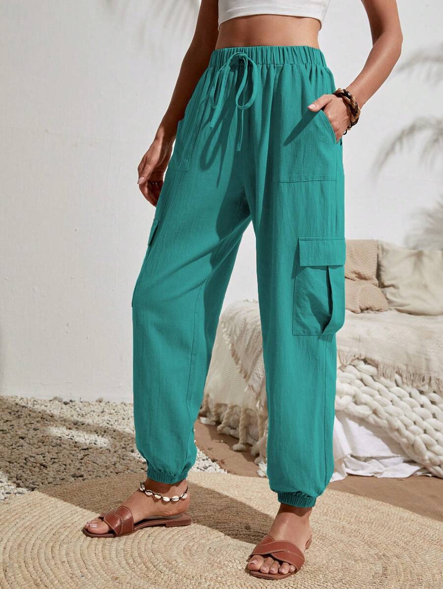 SHEIN VCAY Flap Pocket Side Drawstring Waist Cargo Trousers - Mint Blue - View 1