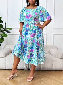 Breezaya Plus Size Boho Floral Print Short Sleeve Ruffle Hem Dress, For Summer