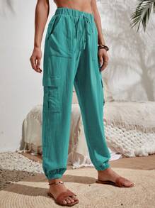 SHEIN VCAY Flap Pocket Side Drawstring Waist Cargo Trousers - Mint Blue - View 4
