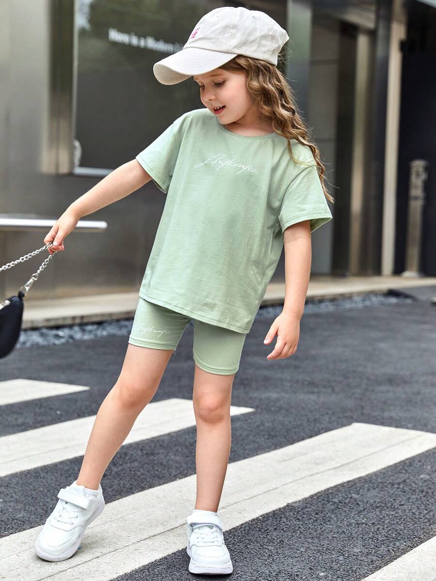 SHEIN Bộ thời trang bé gái Lá thư Giải trí - Màu xanh Bạc hà - Xem 1