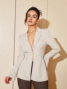 SHEIN Black Friday x Star Picks 女款收腰平領簡約喇叭袖襯衫，休閒日常穿著，夏季長袖上衣，商務休閒春季款 - 米色 - 查看 3