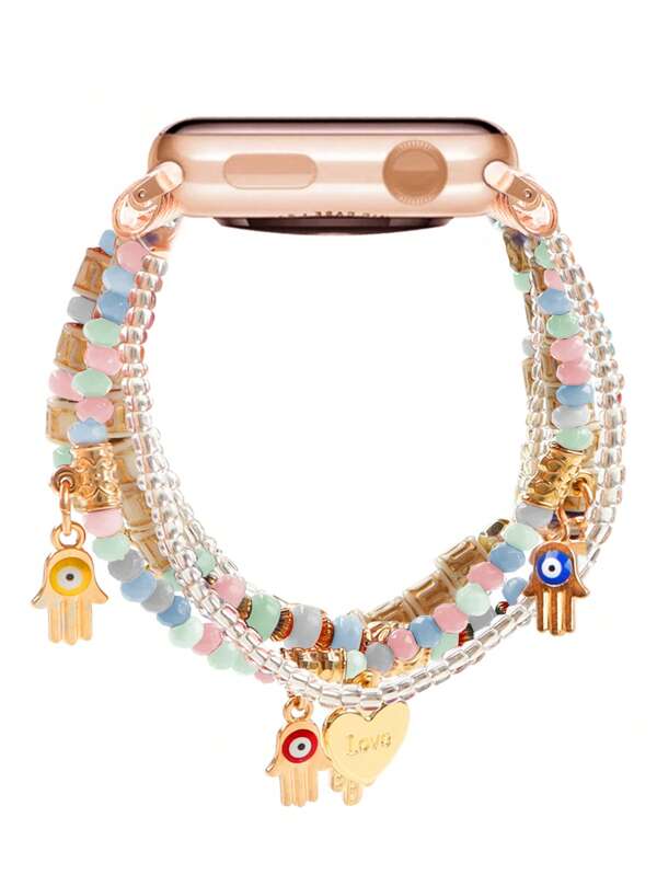Colorful Tassel Beaded Bracelet Band With Lucky Heart Palm Graphic, Compatible With Apple Apple Watch Ultra/SE/Series 10/9/8/7/6/5/4/3/2/1 In 38/40/41/42/44/45/49mm Size, 42/46mm For S10 Valentines