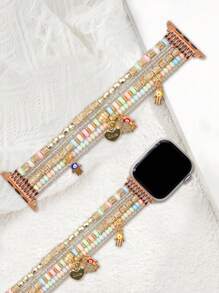 Colorful Tassel Beaded Bracelet Band With Lucky Heart Palm Graphic, Compatible With Apple Apple Watch Ultra/SE/Series 10/9/8/7/6/5/4/3/2/1 In 38/40/41/42/44/45/49mm Size, 42/46mm For S10 Valentines