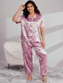 Plus Floral Print Contrast Piping Satin PJ Set - Pink - View 2