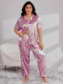 Plus Floral Print Contrast Piping Satin PJ Set - Pink - View 4