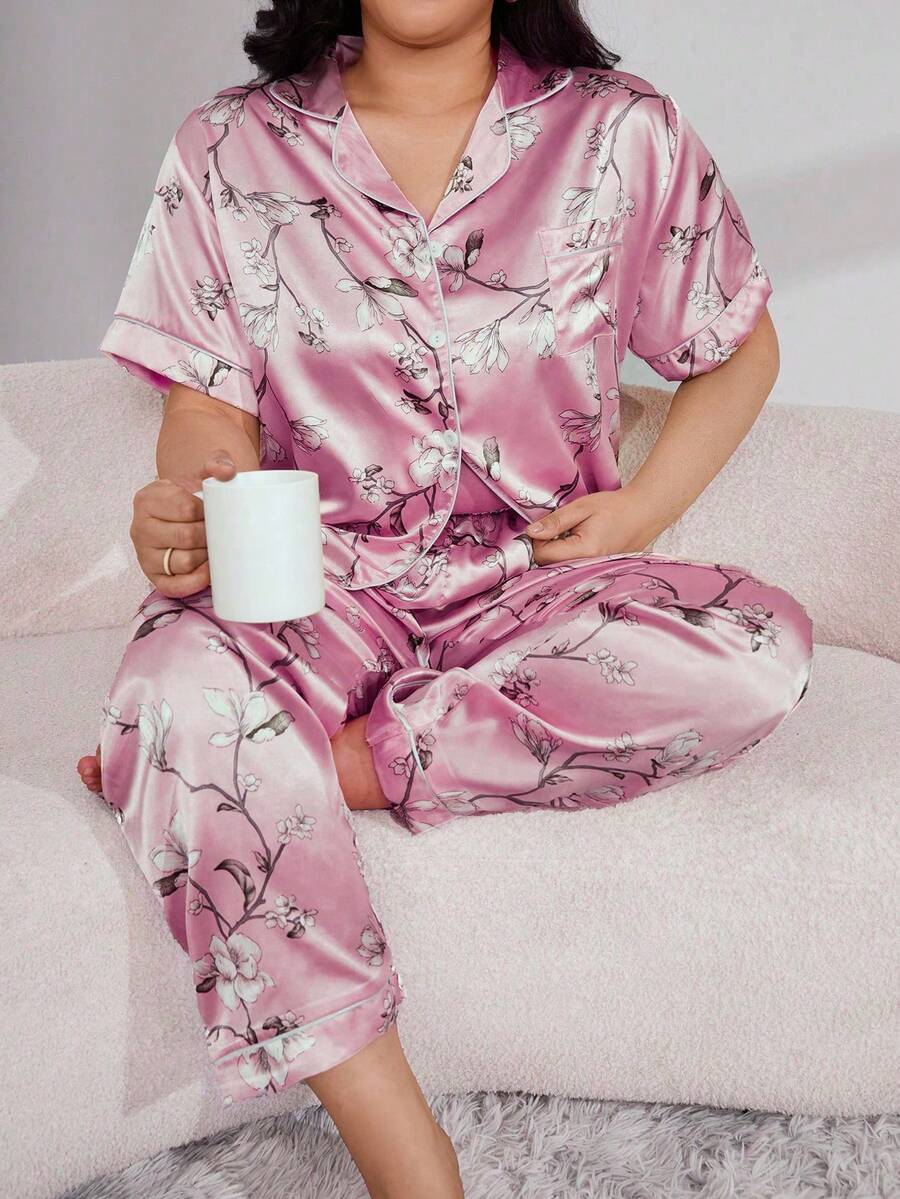 Plus Floral Print Contrast Piping Satin PJ Set - Pink - View 1