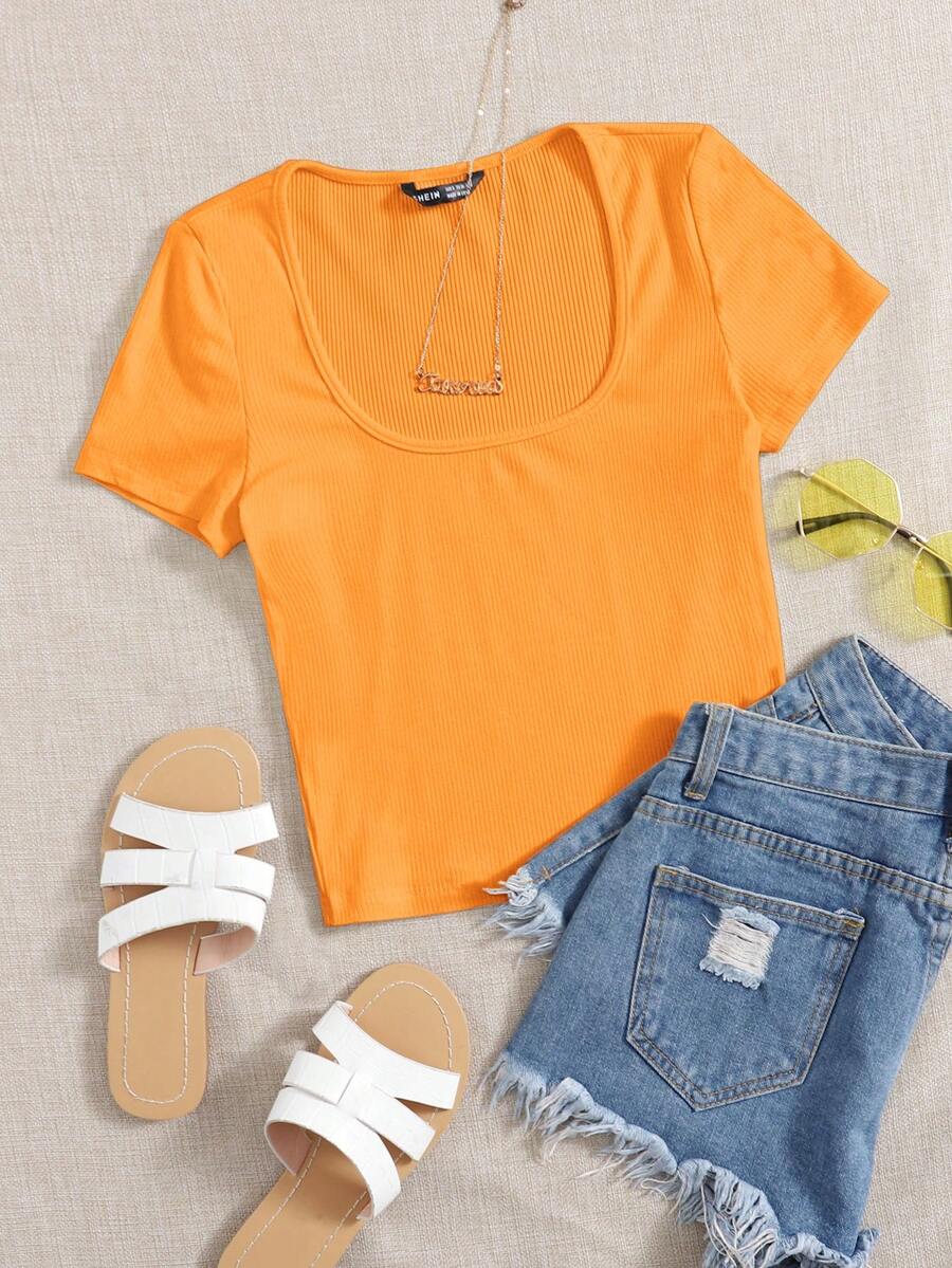 SHEIN EZwear Square Neck Solid Tee - Orange - View 1