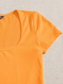 SHEIN EZwear Square Neck Solid Tee - Orange - View 4