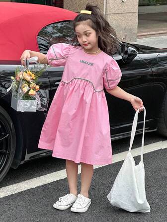 ティーンガール 文字グラフィック パフスリーブ スモックドレス