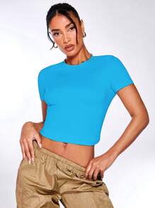 SHEIN BAE Camiseta crop unicolor de cuello redondo - Azul menta - Ver 1