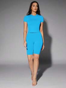 SHEIN BAE Camiseta crop unicolor de cuello redondo - Azul menta - Ver 7