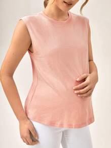 SHEIN Maternity  Solid Round Neck Tee - Baby Pink - View 5