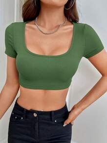 SHEIN EZwear Áo thun nữ Gân đan màu trơn Giải trí - xanh quân đội - Xem 4