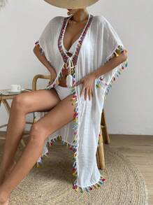 Tassel Trim Tie Front Batwing Sleeve Kimono - White - View 2