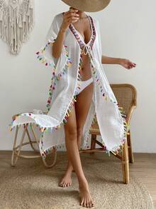 Tassel Trim Tie Front Batwing Sleeve Kimono - White - View 4