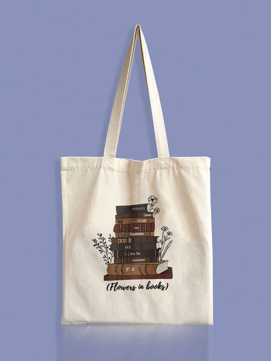 Small Shopper Bag Letter & Book Graphic Preppy - Beige - View 1