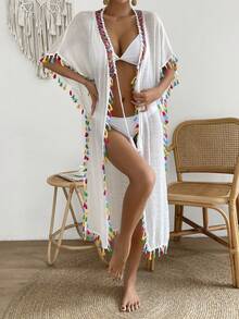 Tassel Trim Tie Front Batwing Sleeve Kimono - White - View 6