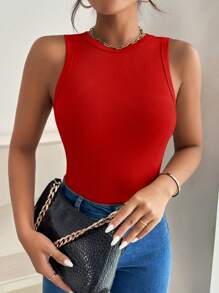 SHEIN PETITE 素色條紋針織背心上衣 - 紅色 - 查看 6