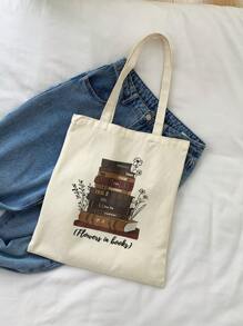 Small Shopper Bag Letter & Book Graphic Preppy - Beige - View 4