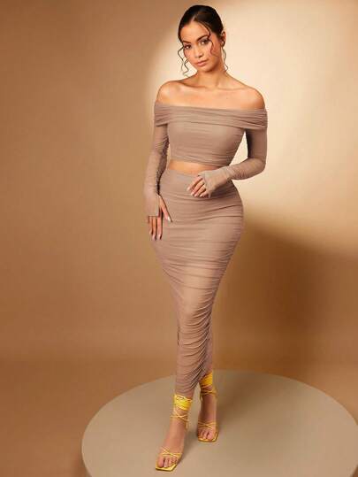 Silquee Off Shoulder Crop Top & Ruched Pencil Skirt