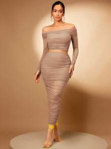 Silquee Off Shoulder Crop Top & Ruched Pencil Skirt - Apricot - View 3