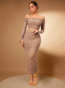 Silquee Off Shoulder Crop Top & Ruched Pencil Skirt - Apricot - View 4