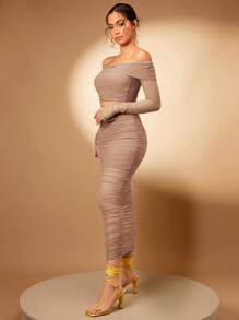 Silquee Off Shoulder Crop Top & Ruched Pencil Skirt - Apricot - View 6