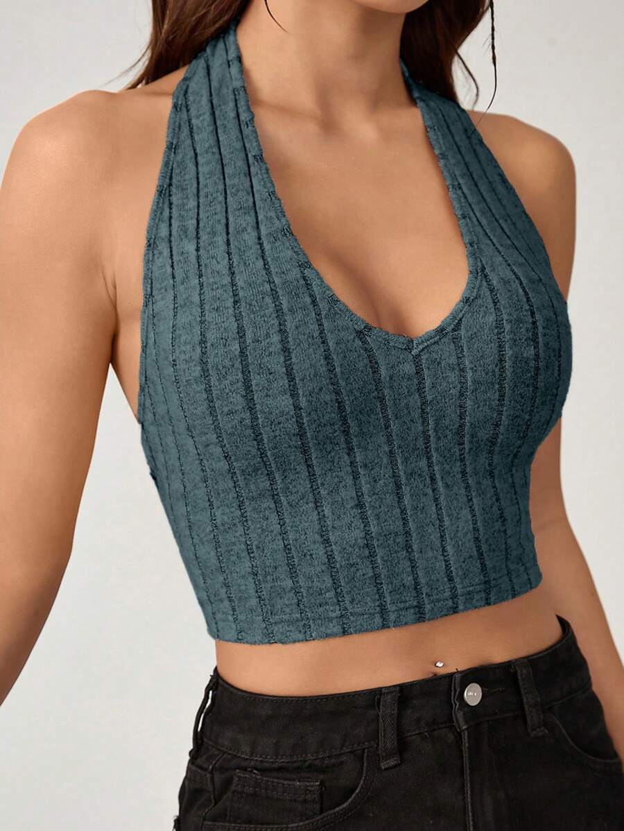 SHEIN EZwear Solid Crop Halter Top - Teal Blue - View 1