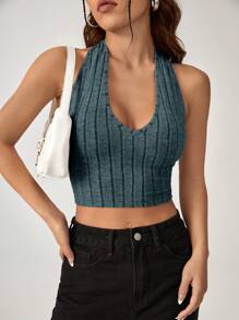 SHEIN EZwear Solid Crop Halter Top - Teal Blue - View 3