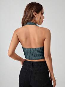 SHEIN EZwear Solid Crop Halter Top - Teal Blue - View 6