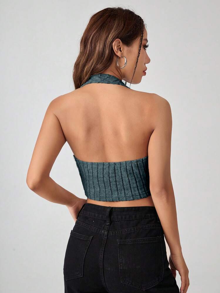 SHEIN EZwear Top halter crop unicolor - Agua verde azul - Añade 6
