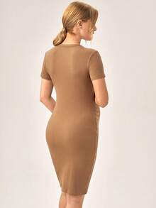 SHEIN Maternidad Vestido ajustado tejido de canalé - Camel - Ver 2