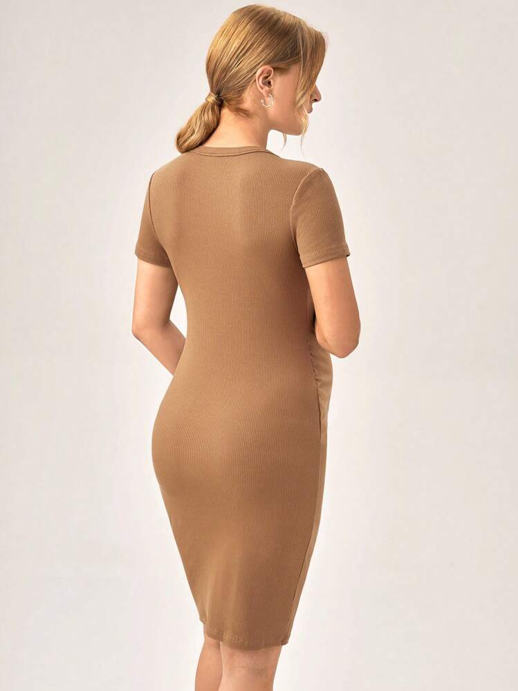 SHEIN หญิงตั้งครรภ์ ชุดรัดรูป บอดี้คอน ผ้าริบถัก - สีอูฐ - ดู 2