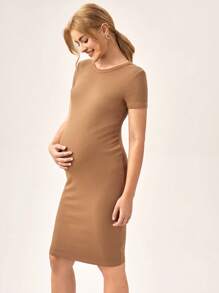 SHEIN Maternidad Vestido ajustado tejido de canalé - Camel - Ver 4