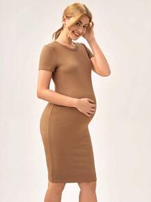 SHEIN Maternidad Vestido ajustado tejido de canalé - Camel - Ver 5
