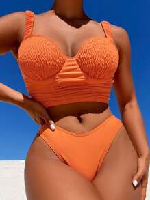 Ruched Push Up Bikini Set Summer Beach - Orange - View 1