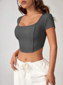 SHEIN EZwear 方領短款T恤 - 深灰色 - 查看 4